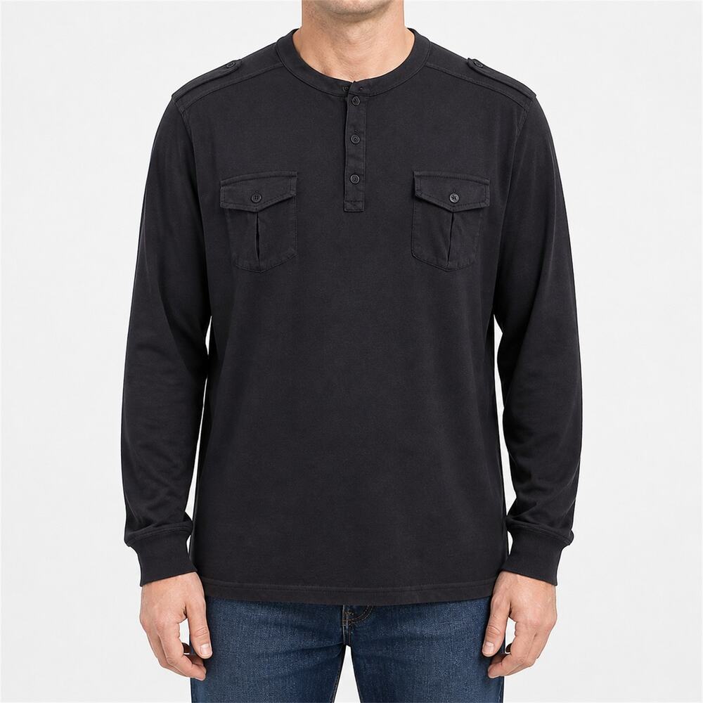 INC International Concepts Shirt Mens 2XL Black Henley Cotton Pockets Classic